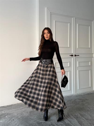 EKOSE KLOŞ ETEK UZUN BOY BEJ-SİYAH