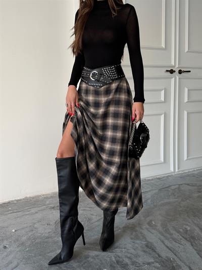 EKOSE KLOŞ ETEK UZUN BOY BEJ-SİYAH