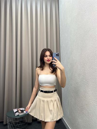 Enjoy Piliseli Krem Şort Etek