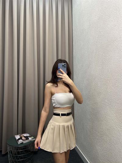 Enjoy Piliseli Krem Şort Etek