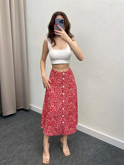 Gipsy Kırmızı Volanlı Viskon Düğmeli Midi Etek