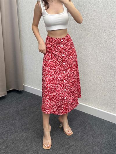 Gipsy Kırmızı Volanlı Viskon Düğmeli Midi Etek