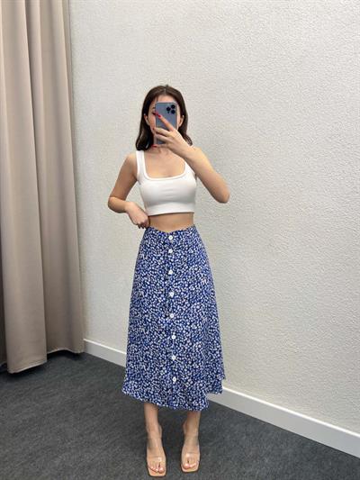 Gipsy Lacivert Volanlı Viskon Düğmeli Midi Etek