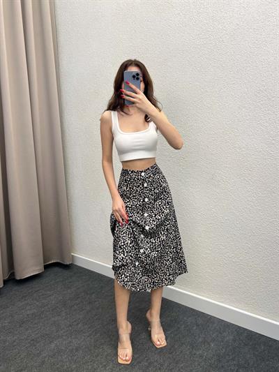 Gipsy Siyah Volanlı Viskon Düğmeli Midi Etek