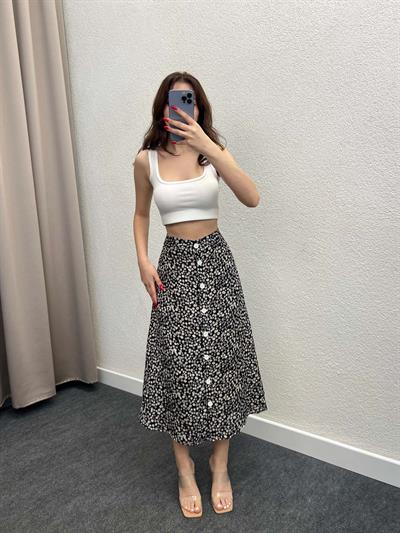 Gipsy Siyah Volanlı Viskon Düğmeli Midi Etek