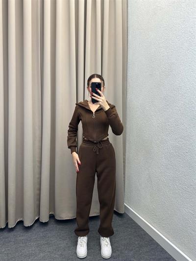 Girdle Üç İplik Şardonlu Kahve Eşofman Takımı