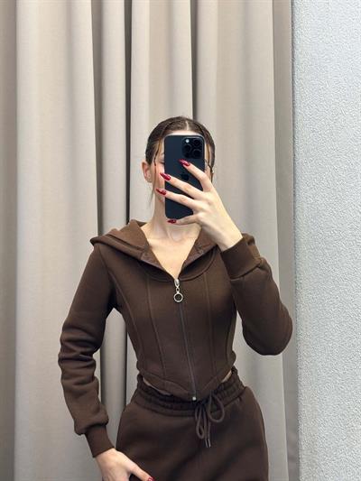 Girdle Üç İplik Şardonlu Kahve Eşofman Takımı