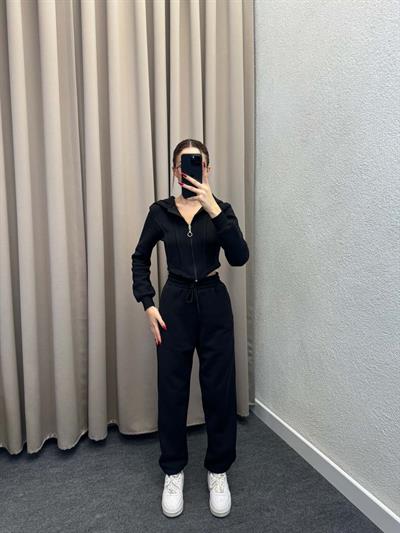 Girdle Üç İplik Şardonlu Siyah Eşofman Takımı