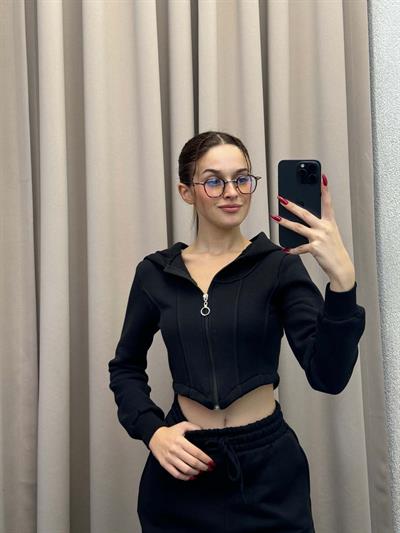 Girdle Üç İplik Şardonlu Siyah Eşofman Takımı