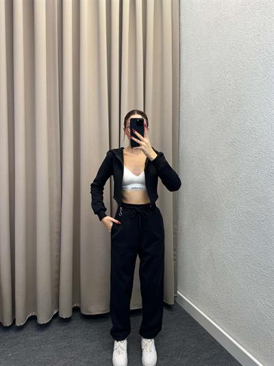 Girdle Üç İplik Şardonlu Siyah Eşofman Takımı