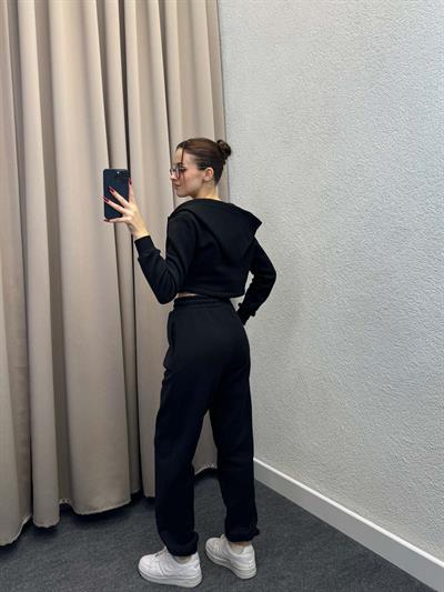 Girdle Üç İplik Şardonlu Siyah Eşofman Takımı