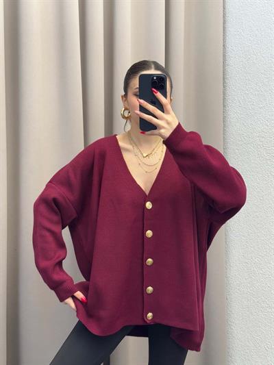 Gold Düğmeli Salaş Bordo Hırka