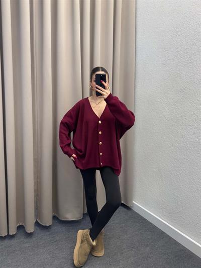 Gold Düğmeli Salaş Bordo Hırka