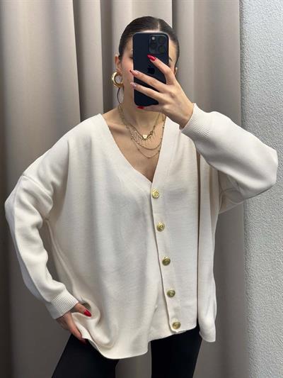 Gold Düğmeli Salaş Krem Hırka