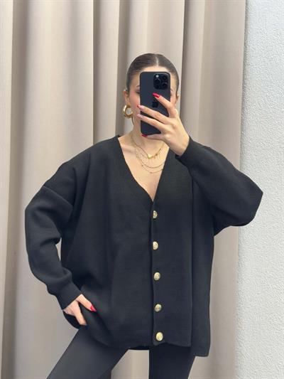 Gold Düğmeli Salaş Siyah Hırka