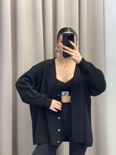 Gold Düğmeli Salaş Siyah Hırka