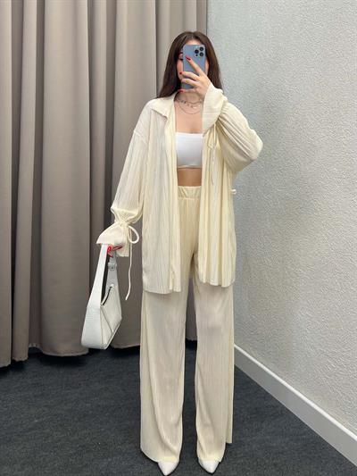 Gracias Bej Pliseli Kimono Takım