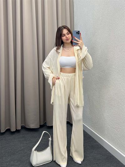 Gracias Bej Pliseli Kimono Takım