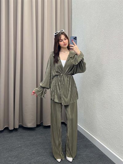 Gracias Haki Pliseli Kimono Takım