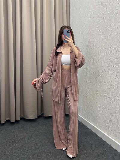 Gracias Kahve Pliseli Kimono Takım