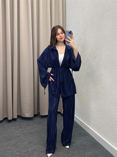 Gracias Lacivert Pliseli Kimono Takım