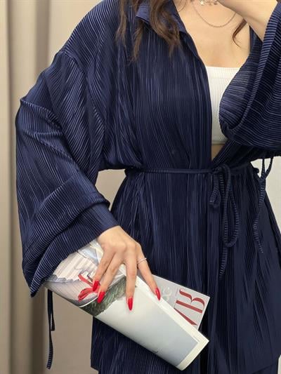 Gracias Lacivert Pliseli Kimono Takım
