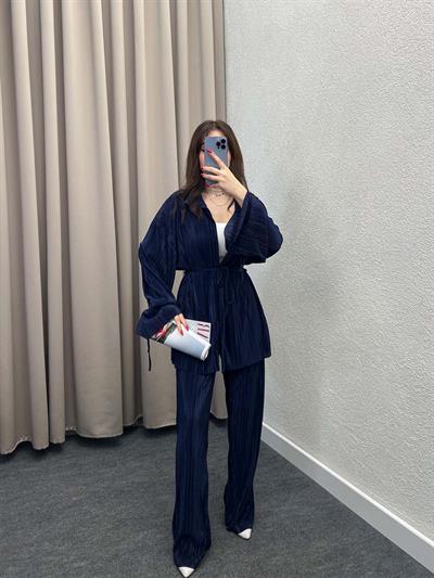 Gracias Lacivert Pliseli Kimono Takım