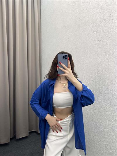 Ham Keten Saks Mavi Gömlek