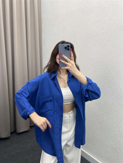 Ham Keten Saks Mavi Gömlek