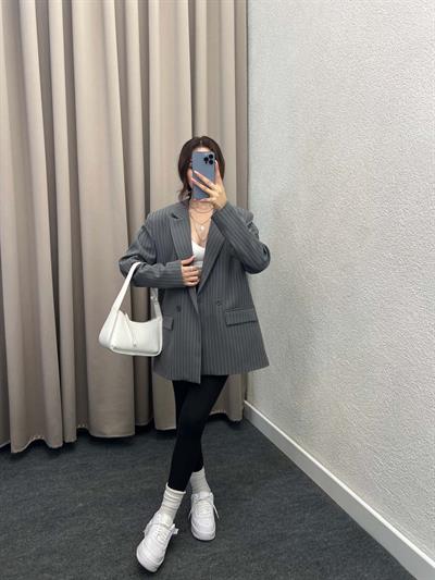 Hathor Çizgli Füme Blazer Ceket