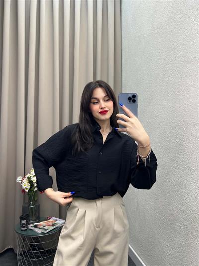 Hein Siyah Krinkıl Kumaş Gömlek