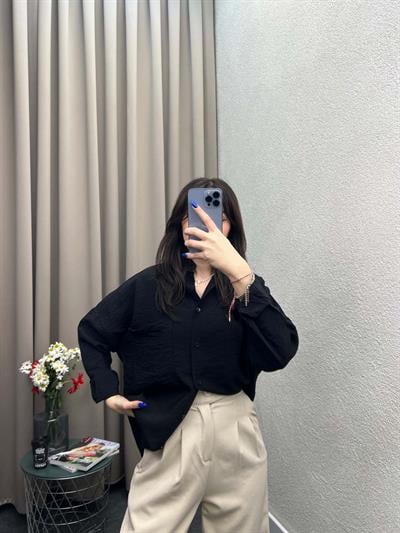 Hein Siyah Krinkıl Kumaş Gömlek