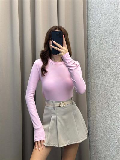 Kadın Basic Uzun Kol Pembe Body