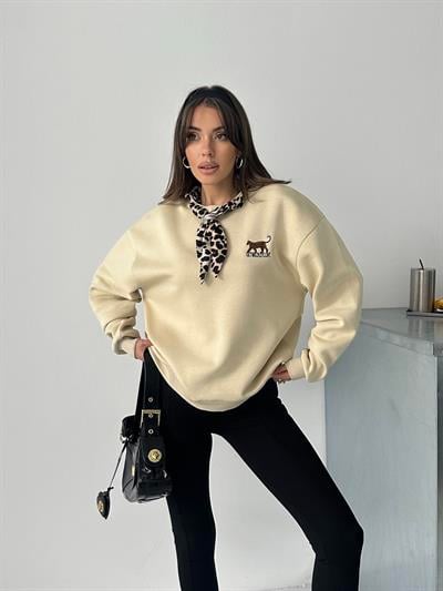 KAPLAN NAKIŞ DETAYLI FULAR DETAYLI SWEAT BEJ