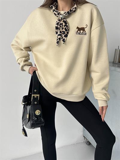 KAPLAN NAKIŞ DETAYLI FULAR DETAYLI SWEAT BEJ