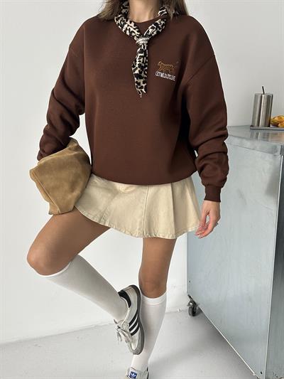 KAPLAN NAKIŞ İŞLEMELİ FULAR DETAYLI SWEAT KAHVE