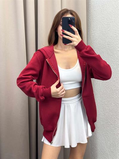 Kassel Üç İplik Şardonlu Oversize Bordo Hırka