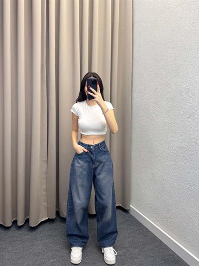 Kemer Detaylı Mavi Baggy Jean