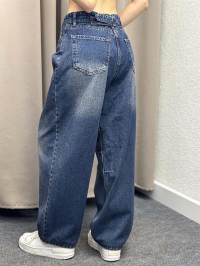 Kemer Detaylı Mavi Baggy Jean