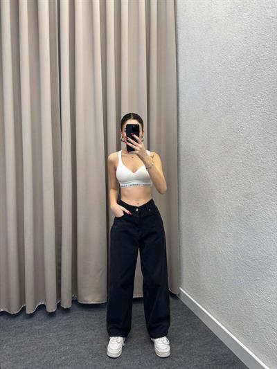 Kemer Detaylı Siyah Baggy Jean