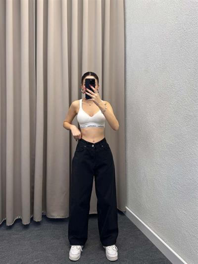 Kemer Detaylı Siyah Baggy Jean