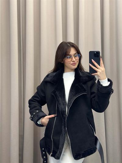 Lares Uzun Siyah Süet Ceket