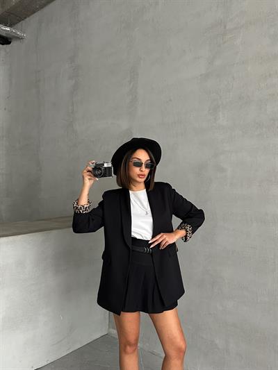 LEOPAR ASTARLI BLAZER CEKET SİYAH