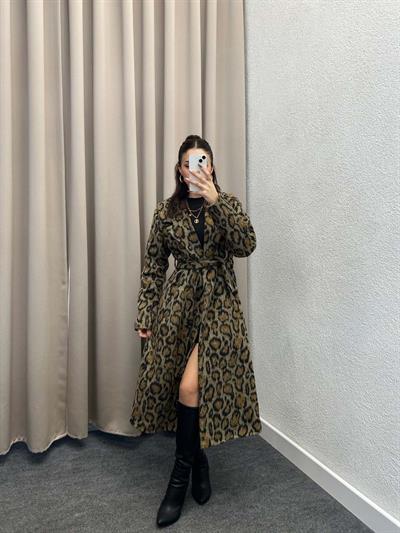 Leopar Desen İçi Astarlı Kaşe Kaban