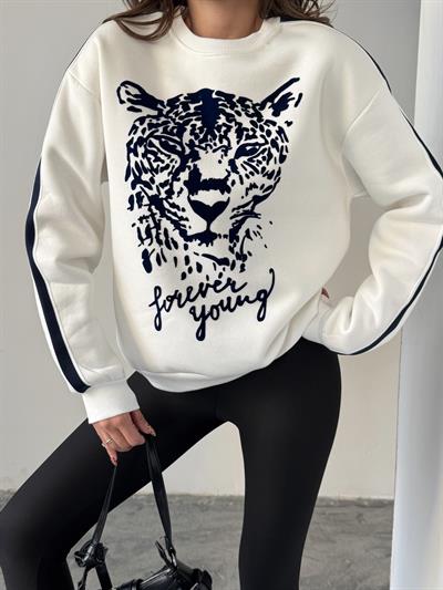 LEOPAR FLOK BASKI KOL ŞERİTLİ SWEAT EKRU