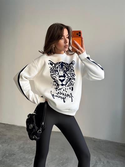 LEOPAR FLOK BASKI KOL ŞERİTLİ SWEAT EKRU