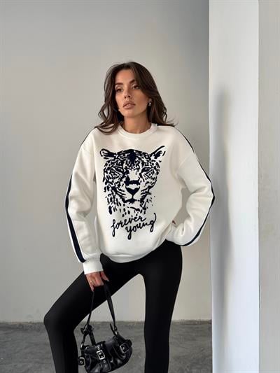 LEOPAR FLOK BASKI KOL ŞERİTLİ SWEAT EKRU