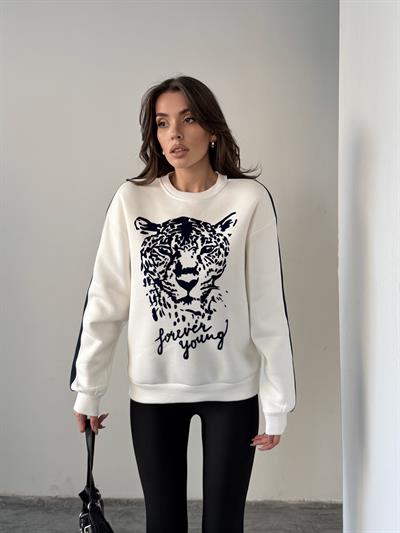 LEOPAR FLOK BASKI KOL ŞERİTLİ SWEAT EKRU