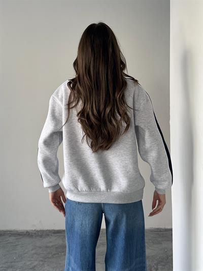 LEOPAR FLOK BASKI KOL ŞERİTLİ SWEAT GRİ