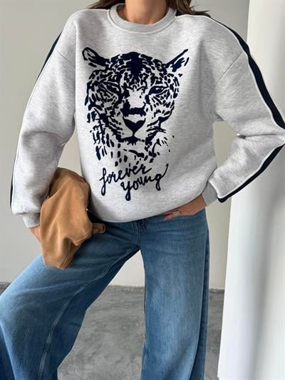 LEOPAR FLOK BASKI KOL ŞERİTLİ SWEAT GRİ